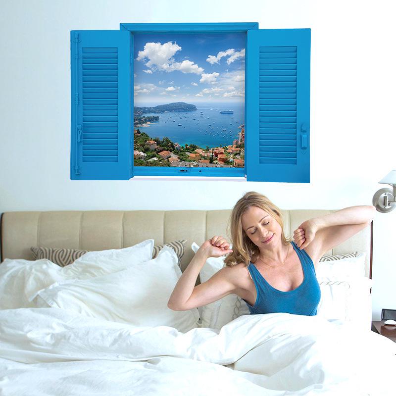 3D Mediterranean blue fake window scenery Bedroom living room porch decorative wall stickers