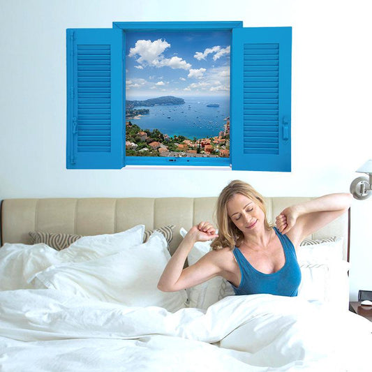 3D Mediterranean blue fake window scenery Bedroom living room porch decorative wall stickers