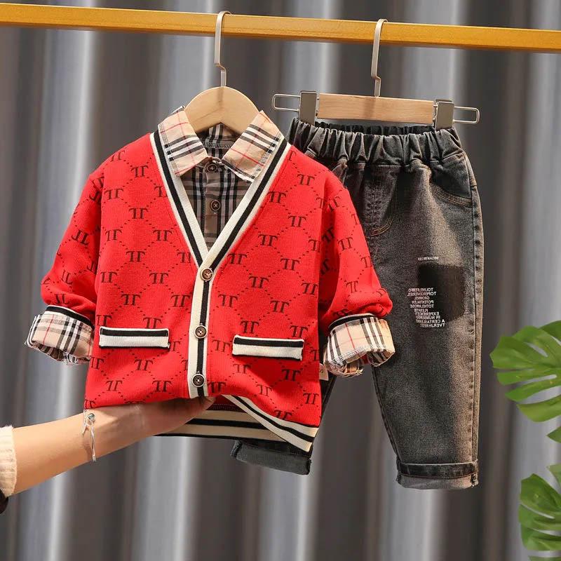 Boys Spring and Autumn Suit Knitted Sweater Coat Shirt Pants Three-piece Set Children Boy Baby Cute Cool Casual Three-piece Set