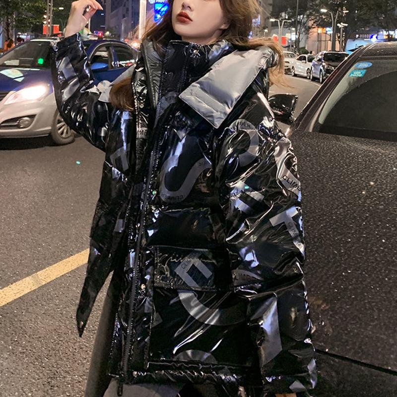Women's Bright Print Short Down Jacket Winter Korean Loose Quilted Jacket Casual Stand-up Collar Hooded Down Jacket Quilted Jacket