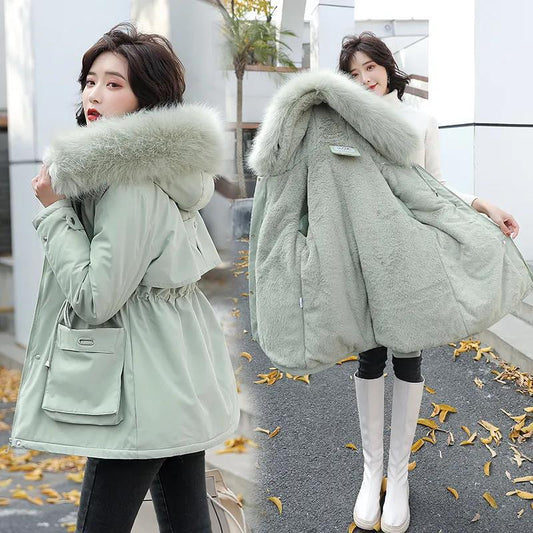Parker Overcome Short Waist Thinner Hooded Big Fur Collar Cotton-padded Jacket Plus Velvet Padded Winter Padded Jacket