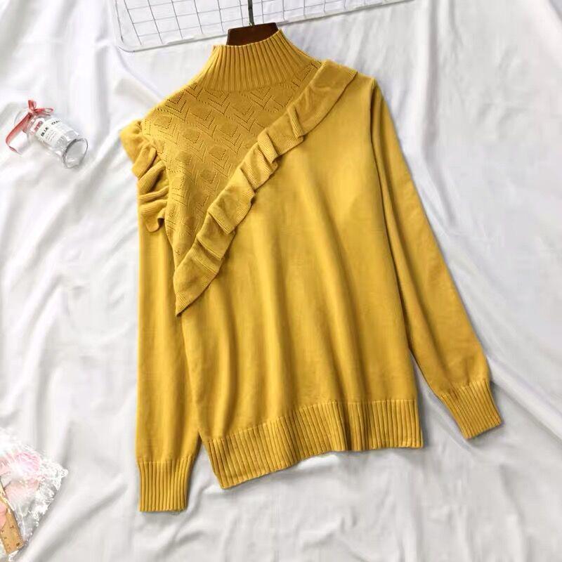 Autumn and Winter Half High Neck Sweater Fungus Lace Slim Long Sleeve Sweater