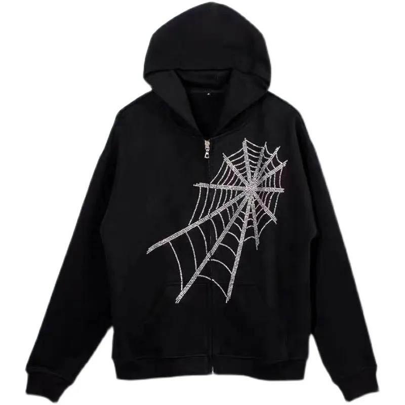 Spring and Autumn Rhinestone Spider Web Rhinestone Zipper Sweater Loose Couple Cardigan Jacket