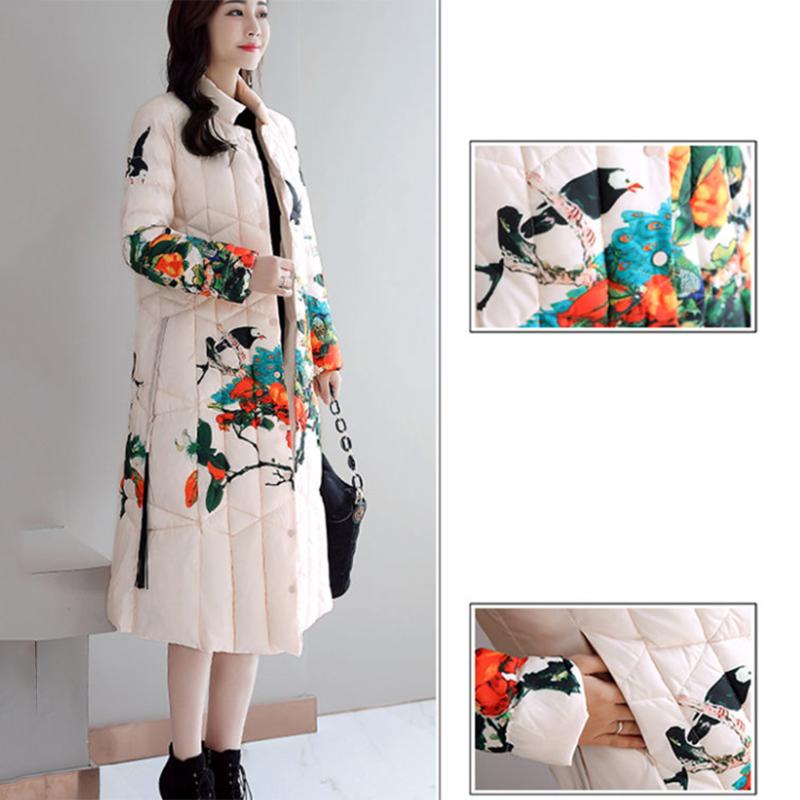 Solid Color Printed Stand-collar Down Jacket Warm Stand-collar Quilted Jacket Women's Long Down Jacket Women's Winter Retro Padded Down Jacket