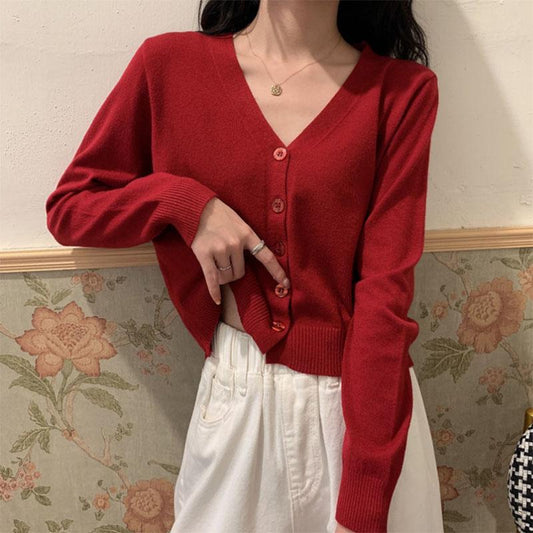 Spring and Autumn Knitted Cardigan Women's Korean Style Short V-neck Inside with Long-sleeved Thin Sweater Jacket Outside