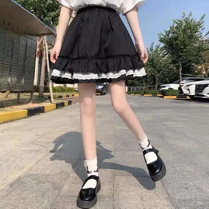 Woman Skirts Summer Casual A-line Skirt Girls JK Mini Skirts Solid Color Elastic High Waist Skirt Loose Lace Ball Gown