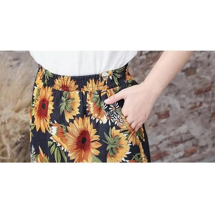Women Summer Large Size Printed Lantern Skirt In Spring and Summer Loose High Waist A-line Vintage Elastic Casual Long Skirt