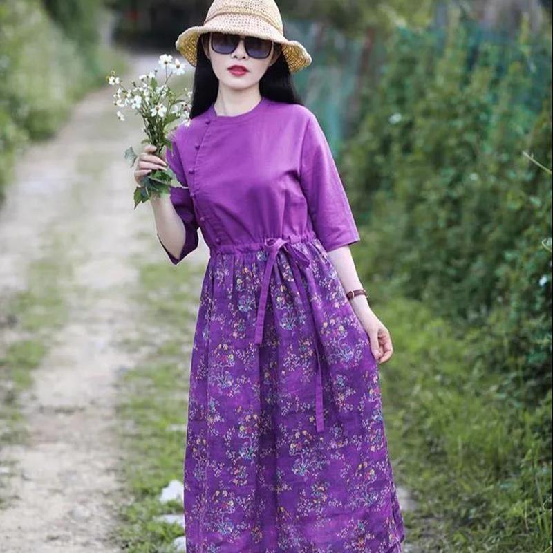 Purple Plus Size Ethnic Style Dress Linen Print Retro Cheongsam Round Neck Button Closure Floral Dress