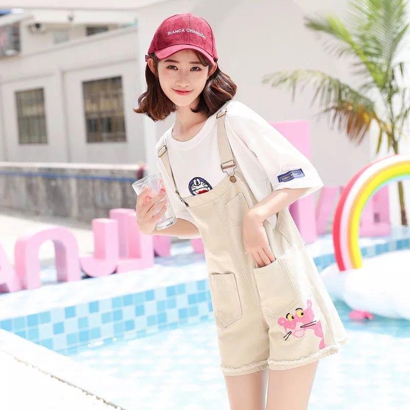 WTEMPO Summer Denim Strap Shorts Female Students New Loose Thin Embroidery Pink Leopard Strap Shorts