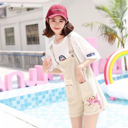 WTEMPO Summer Denim Strap Shorts Female Students New Loose Thin Embroidery Pink Leopard Strap Shorts