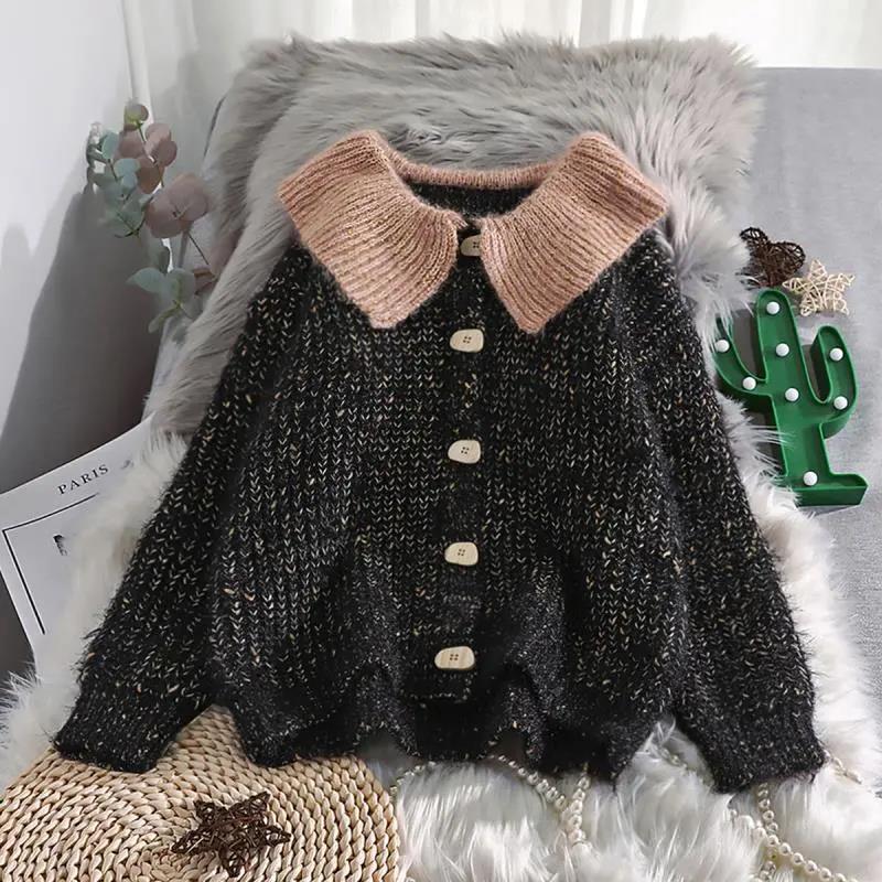Short Doll Collar Sweater Cardigan Women's Spring and Autumn Sweet and Loose Student Sweater Coat Thickening