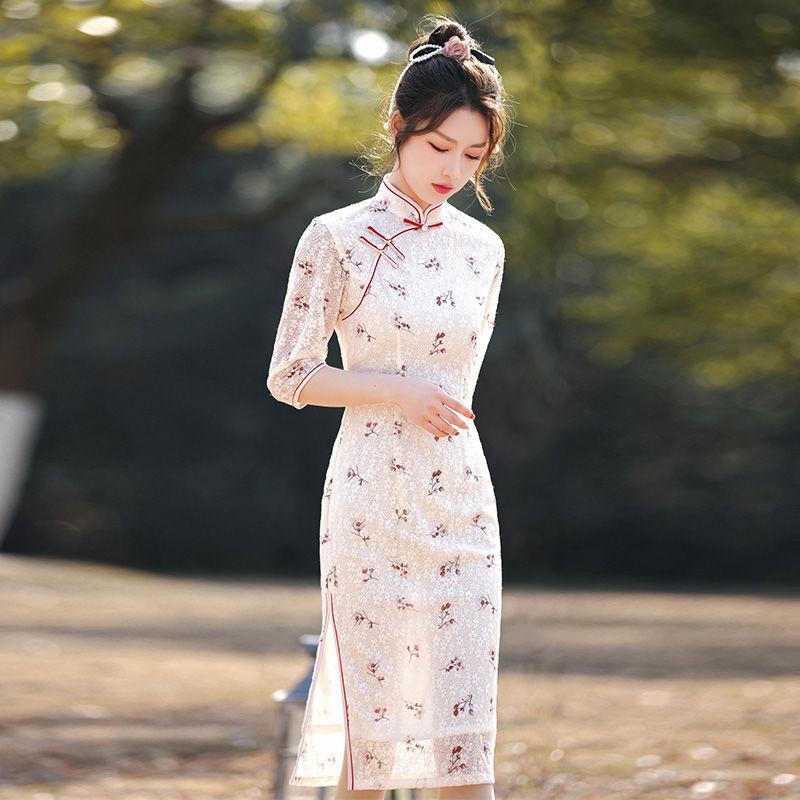 Retro Chinese Style Cheongsam Summer Short-sleeved Chinese Style Retro Improved Long Daily Dress Slim Sexy Elegant Dress