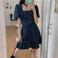 Female Vintage Slim Elegant Party Dress Leopard Print Square Neck Bubble Short Sleeve Denim Graceful Club Dress