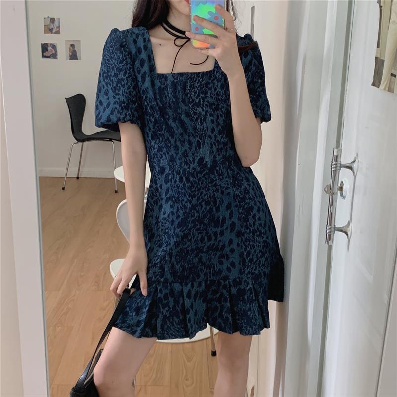Female Vintage Slim Elegant Party Dress Leopard Print Square Neck Bubble Short Sleeve Denim Graceful Club Dress