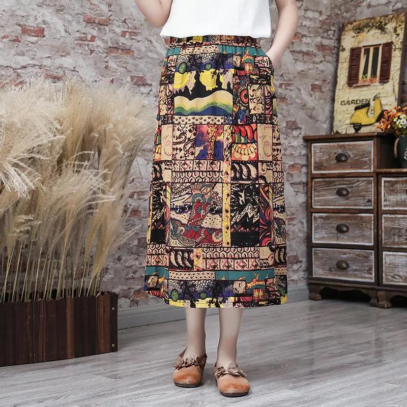 Women Summer Large Size Printed Lantern Skirt In Spring and Summer Loose High Waist A-line Vintage Elastic Casual Long Skirt