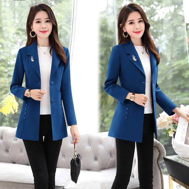 Autumn Winter Elegant Brooch Women Coats Warm Woolen Long Sleeve Slim Outwear Lapel Cardigan Jacket
