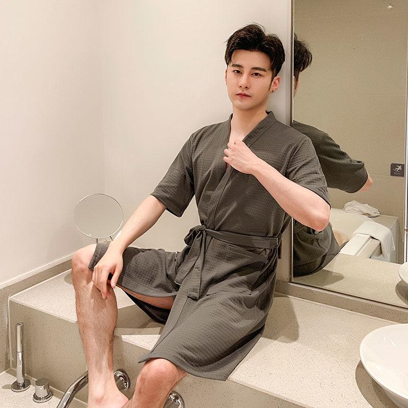 Spring and Summer Couple Bathrobe Women's Long-sleeved Thin Solid Color Cotton Absorbent Bathrobe Robe Five-star Hotel Nightgown Men's Large Size
