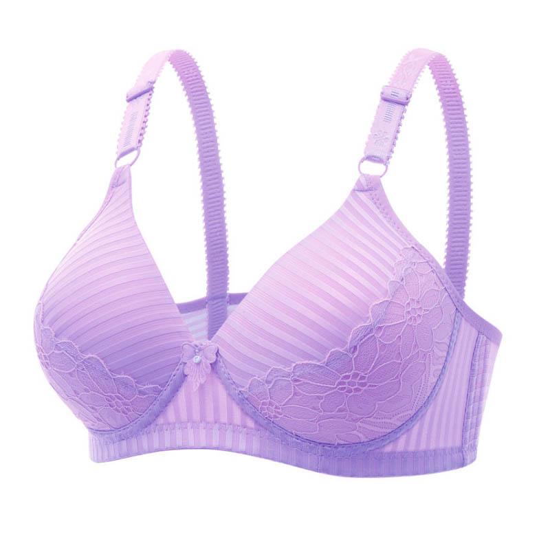 Ladies Gather Bra No Steel Rings Non Magnetic Underwear Lined Sponge Cover Anti-sagging Anti-glare Simple Sexy Lace Striped Bra