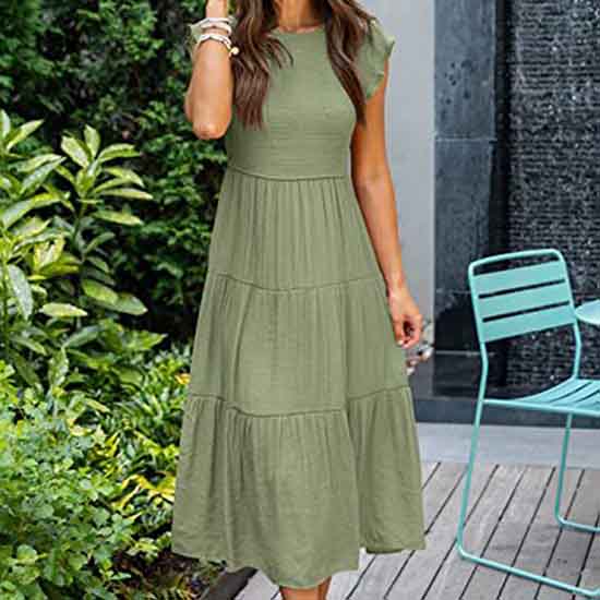 European and American Dress Women's Flying Sleeves Pleated Layered Short-sleeved Large Swing Solid Color Dress