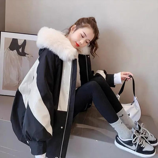 Women's Winter Plus Velvet Thickened Mid-length Coat Sequin Stitching Pie To Overcome Cotton-padded Clothes Wool-collar Loose Warm Jacket