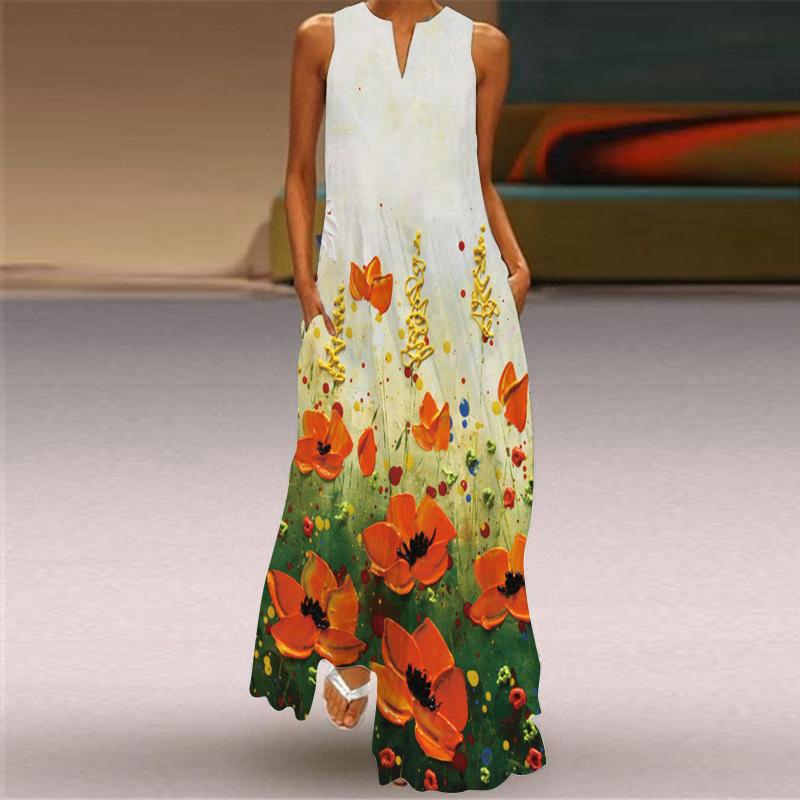 Summer Dress Women's Sleeveless Long Dress Boho V-neck Print Dress