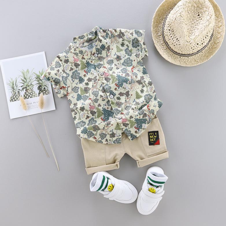 Children's Clothing Boys' Middle and Small Children's Set 1-4 Year Old Baby Stand Collar Leaf Animal Shirt Shorts Suit