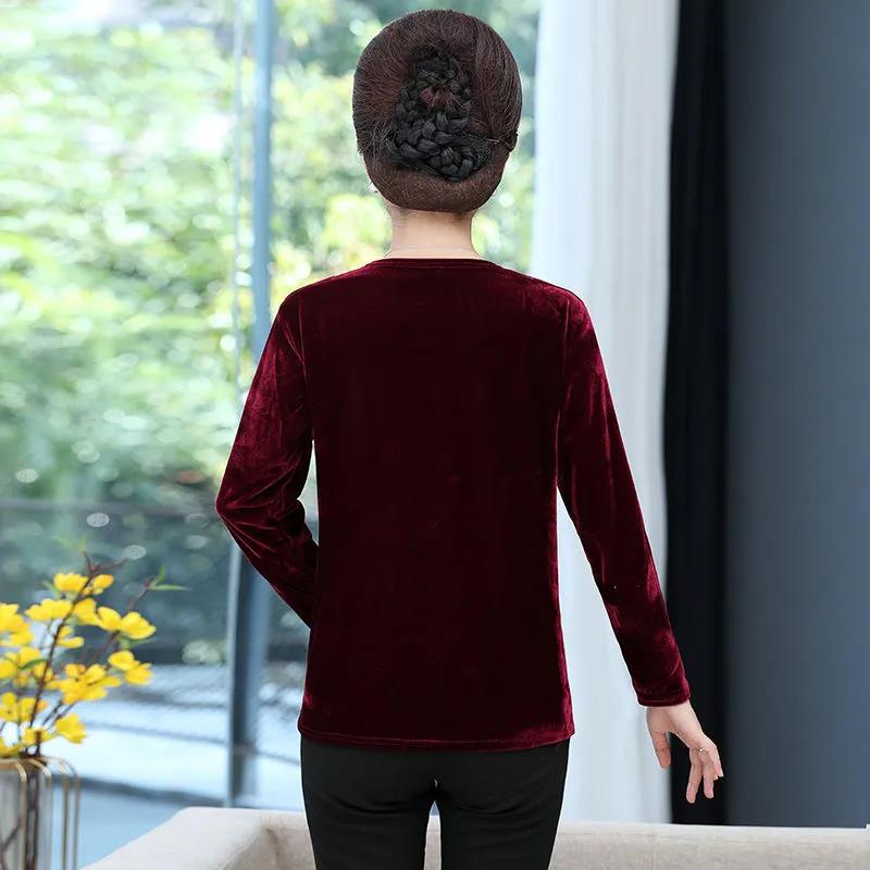 Mother's Clothing Spring and Autumn Long-sleeved Bottoming Shirt Women's Gold Velvet T-shirt Printing Loose Top