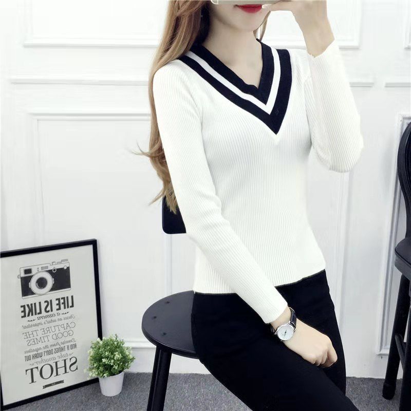 V-neck Short Sweater Autumn and Winter Pullover Slim Top Fashion Knitted Women Sweater