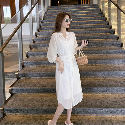 Women's Summer Fall T-shirt Dress Stand-up Collar Cotton and Linen Stand-up Collar Buttons Waist Belt White Dress