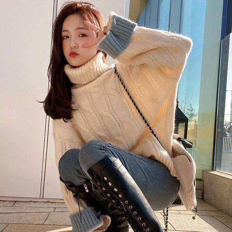 Korean Version of Thick Color-blocking Twist Turtleneck Sweater for Female Students Sweet and Versatile Pullover Sweater