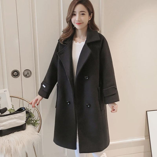 Women Korean Wool Coat Ladies Solid Casual Coats Single Breasted Turn-down Collar Jakects