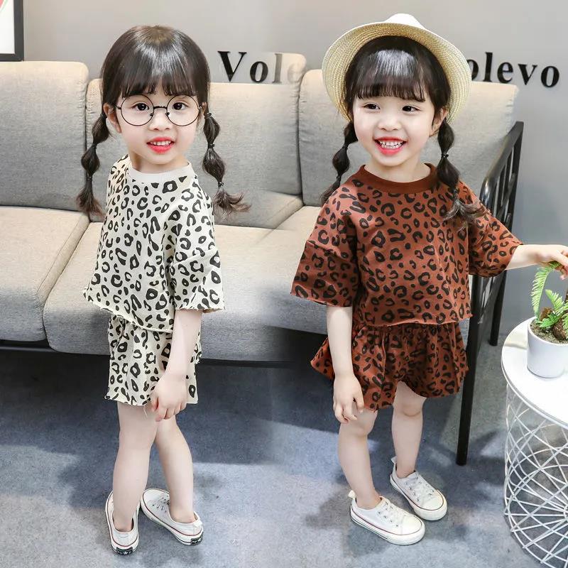Girls' New Leopard Print Baby Summer Indoor Air-conditioning Suit Short-sleeved Shorts 2-piece Set