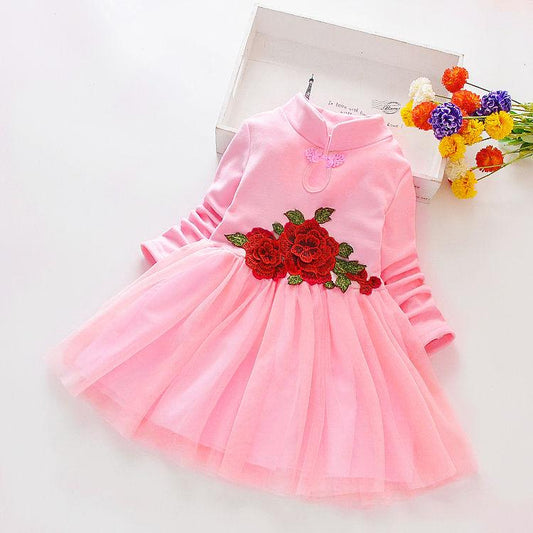 Kids Girls Embroidery Rose Long Sleeve Wedding Birthday Party Princess Dress Children Retro Net Patchwork Tutu Dresses