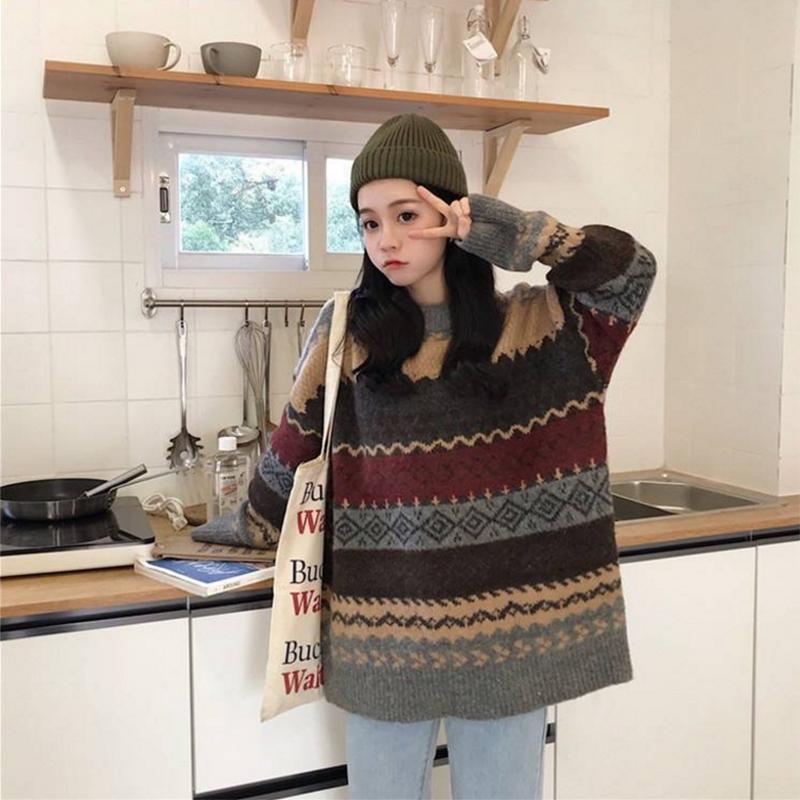 Pofulove loose college style jacquard diamond round neck sweater women's hedging wild students