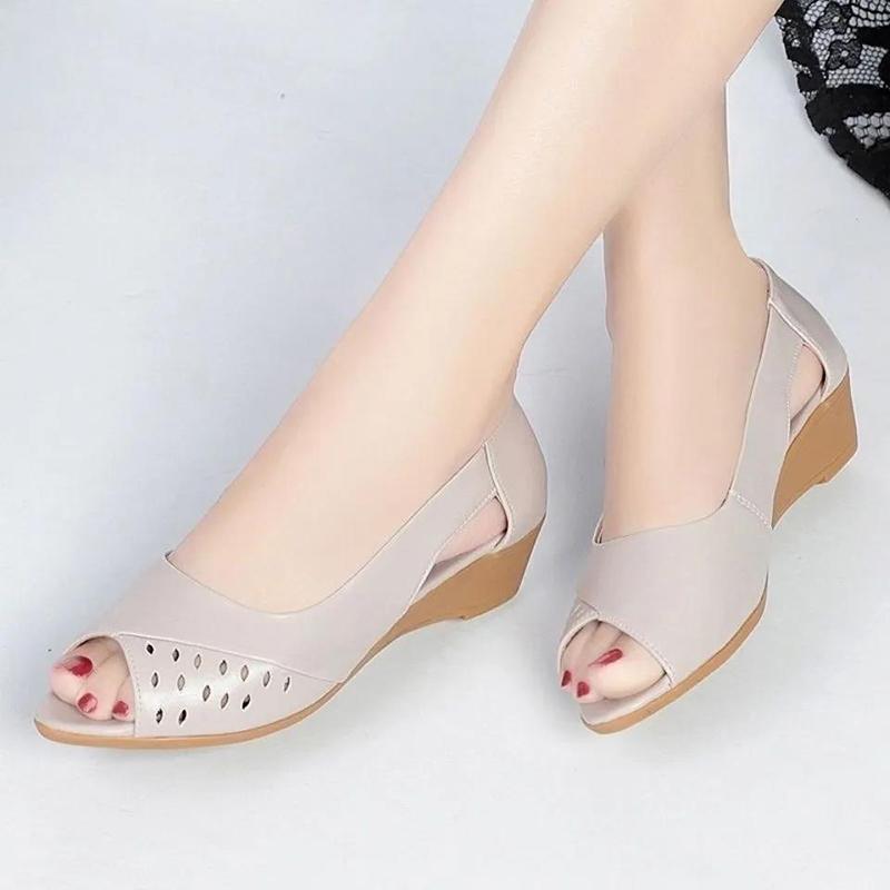 Soft Leather Sandals Beef Tendon Bottom Wedge Heel Soft Bottom Comfortable All-match Fish Mouth Women's Shoes Work Shoes
