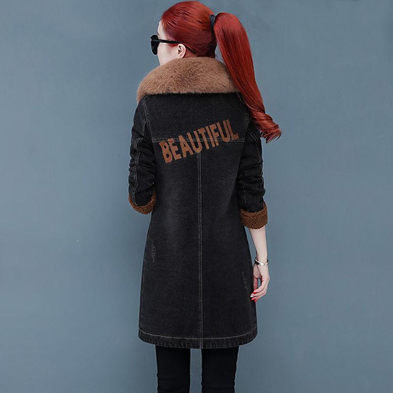 Autumn and Winter Denim Jacket Women Plus Velvet Thickening Slim Mid-length Denim Parka Coat Flocking Overcoat with Detachable Fur Collar