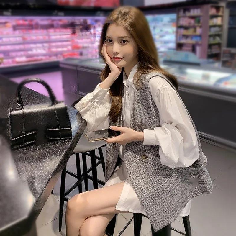 Temperament Small Fragrant Wind Waistcoat Jacket Women's Plaid Suit Waistcoat Jacket Casual Loose Single Button V-neck Waistcoat Sweet Wind