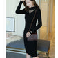 Autumn and Winter Slim-fit Coat Mesh Stitching Beaded V-neck Sweater Mid-length Bag Hip Knitted Dress