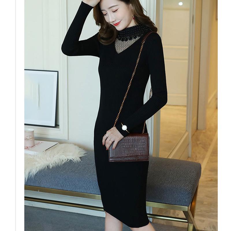 Autumn and Winter Slim-fit Coat Mesh Stitching Beaded V-neck Sweater Mid-length Bag Hip Knitted Dress