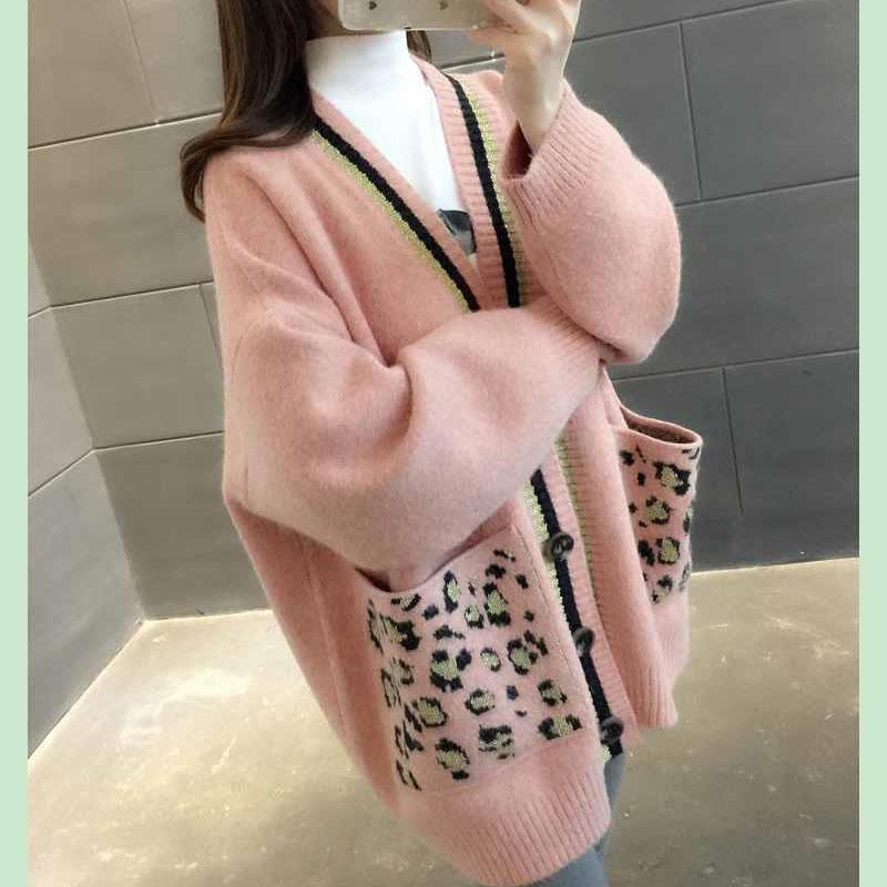 Spring and Autumn V-neck Jacket Knitted Cardigan Leopard Print Top Mid-length Casual Female Student Sweater