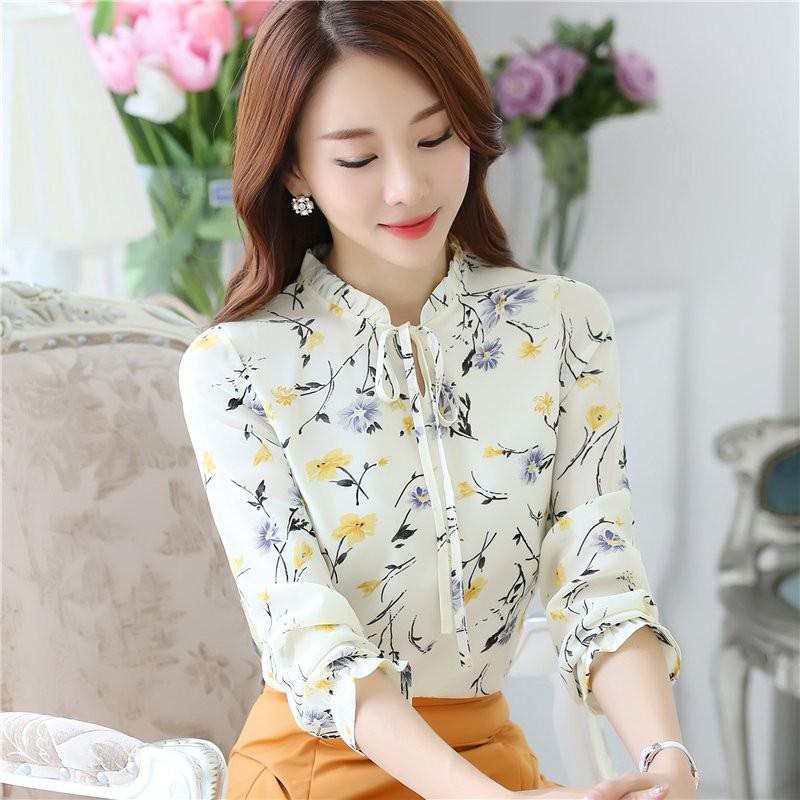 Fashion Floral Tops Blouses Women Long Sleeve Shirts Print Chiffon Blouse Women