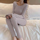 Women's Autumn Winter Tight Elastic Pajamas Set Striped Slim Body Fit Body Underwear Solid Color Round Neck Bottoming Warm Sleeping Set Loungewear