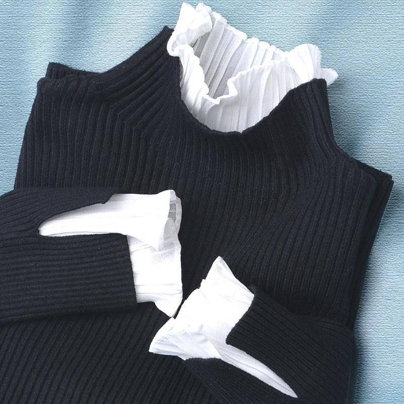 Pofulove Thickened Pullover Turtleneck Bottoming Sweater Women Winter Lotus Leaf Short-sleeved Shirt
