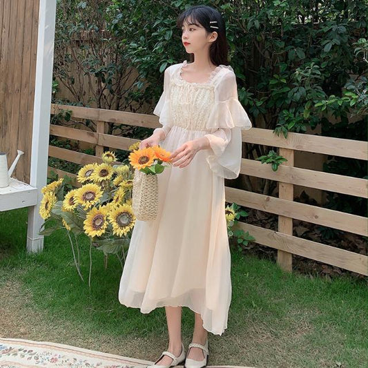 Female Vintage Super Fairy Sweet Chiffon Dress Slim Elegant Lace Quarter Sleeve Holiday Dress