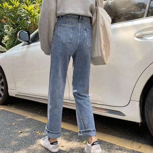 WTEMPO Women Fashion High-rise Wide-leg Jeans Women's Large Size Loose Blue Trousers Stitching Pocket
