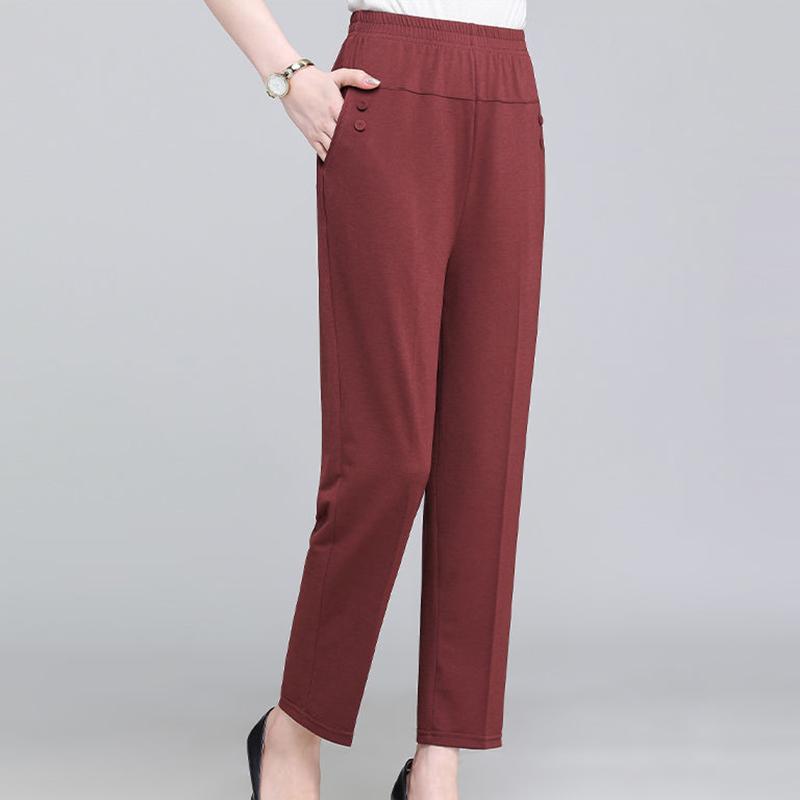 Spring Summer Autumn Thin Mother Middle-aged and Elderly Casual Straight Cropped Trousers Loose High Waist Elastic Waist Women