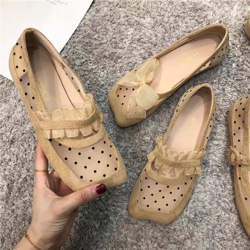 Spring and Summer Ballet Shoes Female Square Head Polka Dot Mesh Flat Mary Jane Shoes Fairy Style Lace Lace