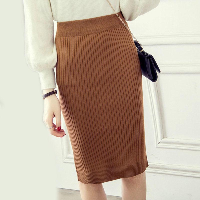 Autumn Winter Women Knitted Pencil Skirts Stretch High Waist Knee Length Slim Office Lady Bodycon