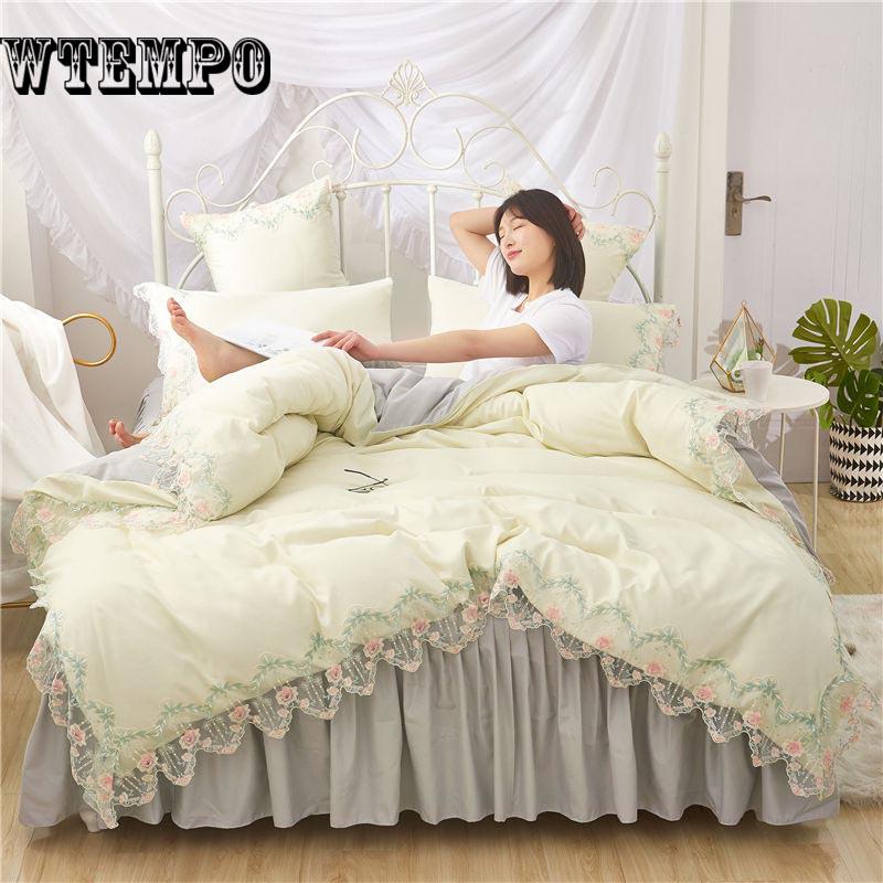 Princess Style Duvet Cover Set Cotton Bedding Sets Girls Cute Lace Bed Skirt Bedding Sets
