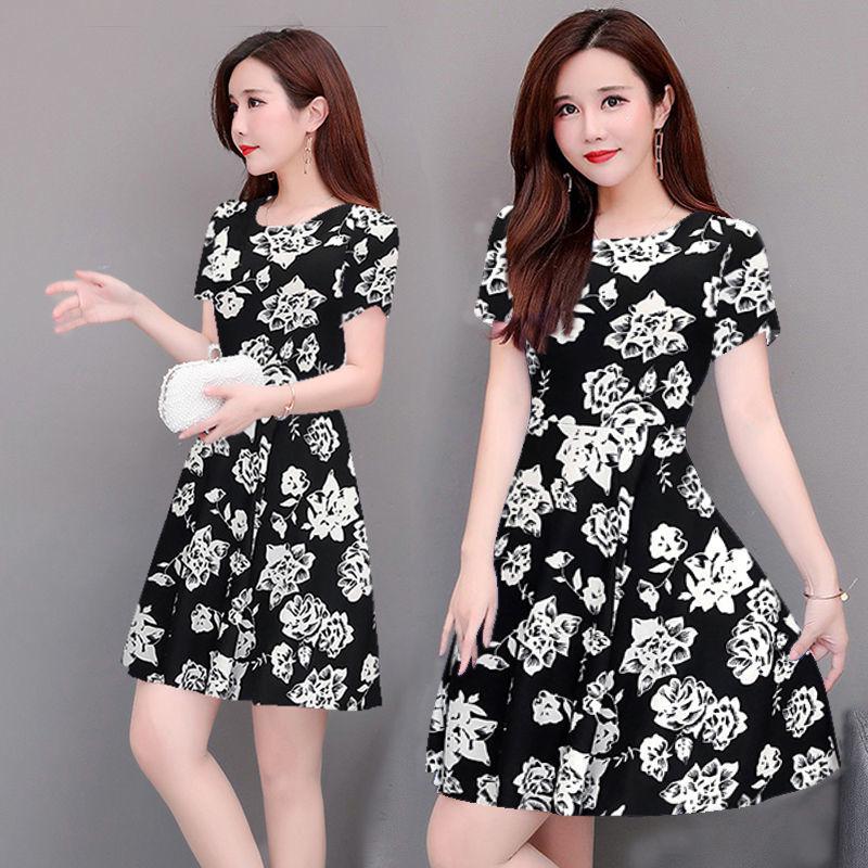 Brand Dress Round Neck Women Casual Flower Short Sleeve Skirt Sunmmer  Beach High Waist
